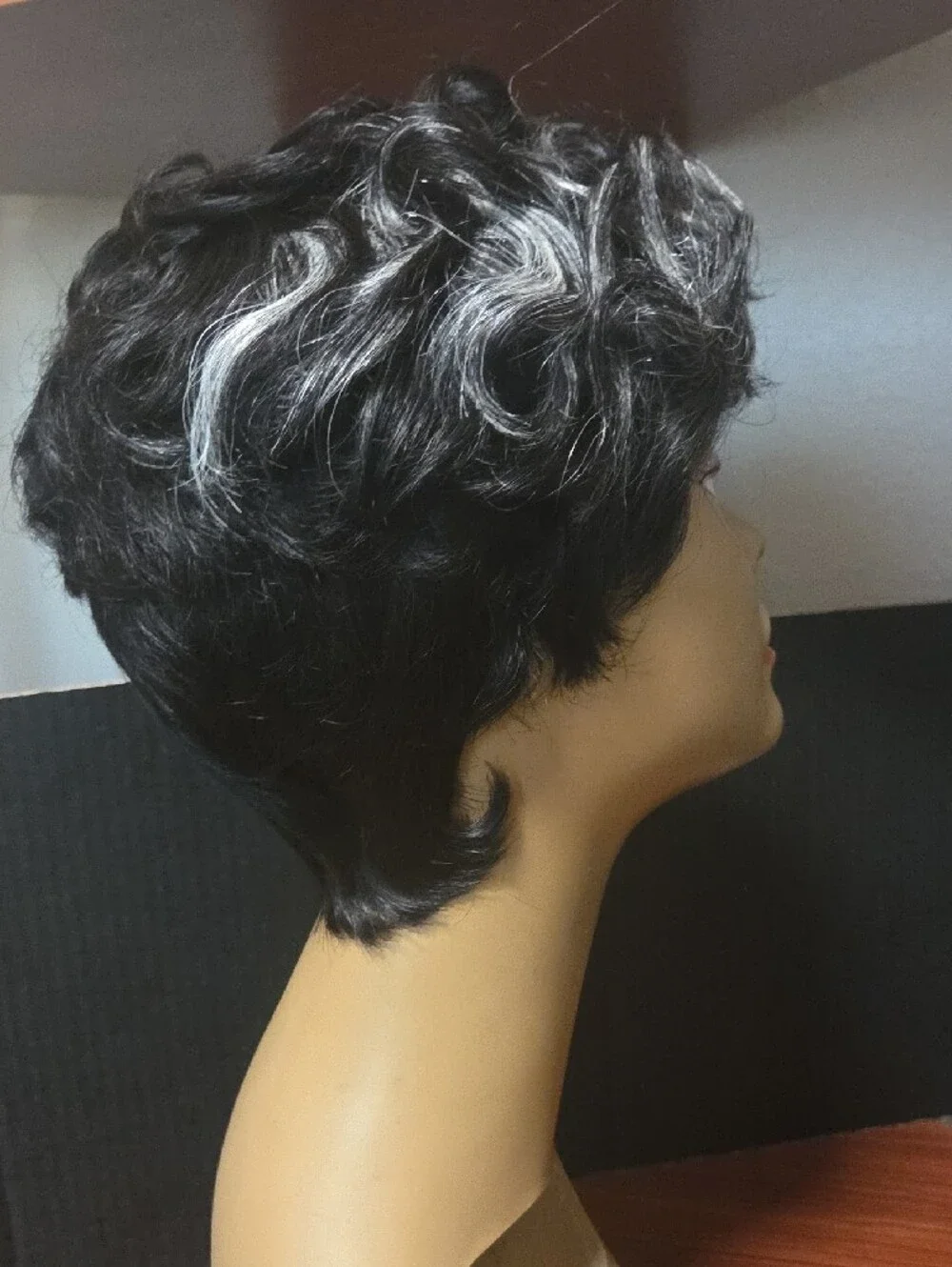 Short Black and Silver Pixie Wig - Women Hair